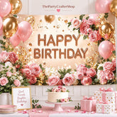 Happy Birthday Backdrop Banner, Floral Rose Gold Photo Booth (71x43 Inch)