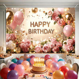 Happy Birthday Backdrop Banner, Floral Rose Gold Photo Booth (71x43 Inch)