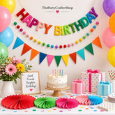 Rainbow Felt Birthday Banner Set, 3D Pom Poms, Pennants, Fans (Reusable)