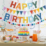 Retro Felt Happy Birthday Banner Set, Rainbow Pom Pom Garland, Party Decor
