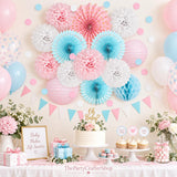 Gender Reveal Party Decorations, Pink Blue White Tissue Pom Poms, Paper Fans, Garland (13ft)