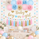 Boho Gender Reveal Party Set, Pink Blue Balloons, Moon Star Garland, Tassels Lanterns