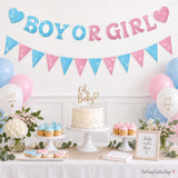 Boy or Girl Gender Reveal Banner, Glitter Hearts, Blue Pink Gold Flags (Pre-Strung)