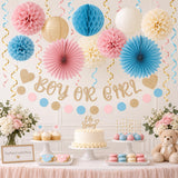 Champagne Blue Pink Gender Reveal Party Set, 22pc Neutral Decorations (Banner, Lanterns, Pom Poms)