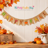 Happy Fall Burlap Banner, Colorful Pumpkin Garland, Rustic Autumn Decor