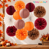 Boho Autumn Baby Shower Decor Set, Tissue Paper Flowers, Lanterns, Honeycomb Balls (14pc)