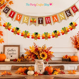 Give Thanks Burlap Banner, Turkey Garland, Autumn Harvest Bunting (2pc Set)
