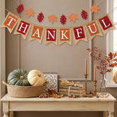 Thankful Fall Burlap Banner, Glitter Maple Leaf Garland, Rustic Autumn Bunting