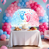 Gender Reveal Backdrop, Blue Pink Footprint Banner, Baby Shower Decor (6x3.6FT)