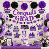 Purple Black Graduation Decorations 2026, Class of 2026 Party Set (Banner, Pom Poms, Swirls)