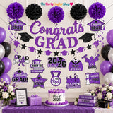 Purple Black Graduation Decorations 2026, Class of 2026 Party Set (Banner, Pom Poms, Swirls)