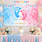 Gender Reveal Backdrop, Blue Pink Footprint Banner, Baby Shower Decor (6x3.6FT)