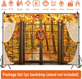 Fall Wooden Window Backdrop, Maple Pumpkin Sunflower Photography Prop (7x5FT)
