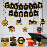 Class of 2026 Graduation Party Kit, Gold Black Balloons, Backdrop, Banner, Streamers
