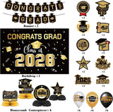 Class of 2026 Graduation Party Decorations Set, Black Gold Backdrop, Balloons, Banner Kit