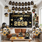 Class of 2026 Graduation Party Decorations Set, Black Gold Backdrop, Balloons, Banner Kit