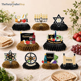 Passover Honeycomb Centerpieces, 9-Piece Set, Black Gold Beige, Star of David Pesach Decor