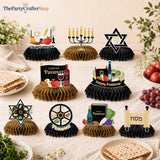 Passover Honeycomb Centerpieces, 9-Piece Set, Black Gold Beige, Star of David Pesach Decor