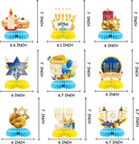 9-Piece Hanukkah Honeycomb Centerpieces, Menorah Dreidel Table Toppers (Blue Gold)