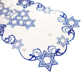 Embroidered Star of David Table Runner, Blue White Judaica Cutwork, 16x66 Inch