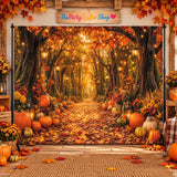 10x8FT Fall Forest Backdrop, Autumn Woodland Pumpkin Maple Leaf Photography Background (Vinyl Cloth)