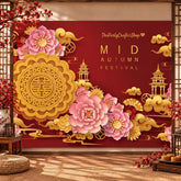Mid Autumn Festival Backdrop, Pink Peony, Lucky Cloud, Chinese Traditional Decor (10x8FT)