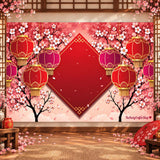 Chinese New Year Photography Backdrop, Red Lanterns, Cherry Blossoms (6.5x5FT)