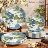 50pc Vintage Chinoiserie Paper Plates, Blue Green Oriental Dessert Plates (7 Inch)