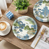 50pc Vintage Chinoiserie Paper Plates, Blue Green Oriental Dessert Plates (7 Inch)