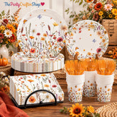 250pc Fall Floral Tableware Set, Autumn Wildflower Plates, Napkins, Cups, Forks (Serves 50)