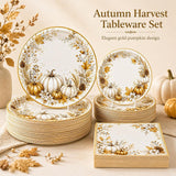 150pc Fall Pumpkin Napkins & Plates Set, Gold Floral Thanksgiving Tableware (50 Guests)