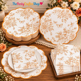 50pc Burnt Orange Floral Paper Plates & Napkins, Fall Wedding Baby Shower Decor
