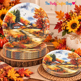 50pc Fall Paper Plates, Watercolor Autumn Landscape, Thanksgiving Party Supplies
