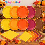 100pc Fall Gold Foil Plates & Napkins Set, Scalloped Autumn Tableware (Thanksgiving, Wedding, Baby Shower)