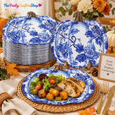 40pc Blue Chinoiserie Pumpkin Paper Plates, Floral Autumn Tableware (8.7-9.5 inch)