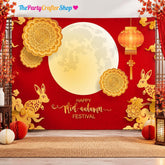 Mid-Autumn Festival Backdrop, Full Moon, Red Lantern, Rabbit Family Photo Prop (8x6FT)