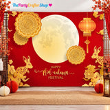 Mid-Autumn Festival Backdrop, Full Moon, Red Lantern, Rabbit Family Photo Prop (8x6FT)