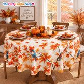 60 Inch Round Fall Tablecloth, Autumn Maple Leaf Bird Design, Polyester Fabric