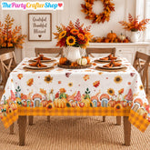 3pc Watercolor Fall Tablecloth Set, Pumpkin Sunflower Mushroom Gingham Border (54x108 Inch)