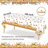 3pc Watercolor Fall Tablecloth Set, Pumpkin Sunflower Mushroom Gingham Border (54x108 Inch)