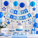 Blue Birthday Party Decorations Set, Banner, Honeycomb Balls, Star Streamers, Dot Garland