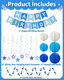 Blue Birthday Party Decorations Set, Banner, Honeycomb Balls, Star Streamers, Dot Garland