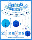 Blue Birthday Party Decorations Set, Banner, Honeycomb Balls, Star Streamers, Dot Garland