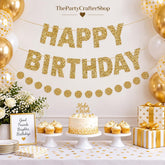 Gold Glitter Happy Birthday Banner, Circle Dot Garland, Party Decorations