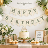 Sage Green Burlap Birthday Banner, Rustic Party Backdrop (Pre-Strung)