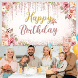 Rose Gold Floral Birthday Backdrop, Glitter Party Banner, Photo Booth Decor