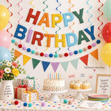 Retro Felt Happy Birthday Banner Set, Rainbow Pom Pom Garland, Party Decor
