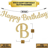 10FT Gold Glitter Happy Birthday Banner, Cursive Party Decor (Pre-Strung)