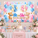 Bear Gender Reveal Backdrop, 7x5FT Baby Shower Photo Prop (Pink Blue Balloons)