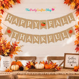 Happy Fall Burlap Banner, Thankful Garland, Pumpkin Maple Leaf Bunting (11ft)